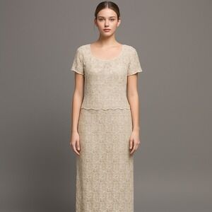 Vtg Stenay Ivory Beaded Sequin Formal Gown Dress 12 Cocktail Evening Maxi